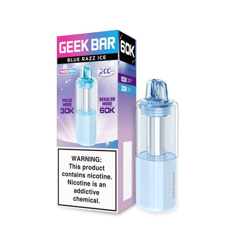 Blue Razz Ice Geek Bar Mate 60K replacement pod for Vape Shop Wholesale, showing the flavor packaging with blue and icy design.
