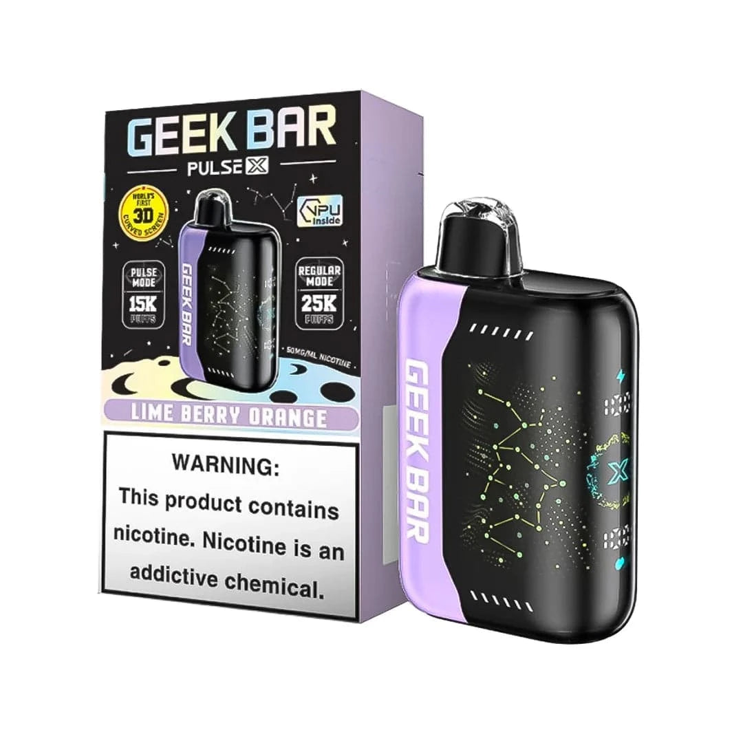Geek Bar Pulse X 25K disposable vape with lime, berry, and orange flavor, featuring dual modes and over 25,000 puffs.