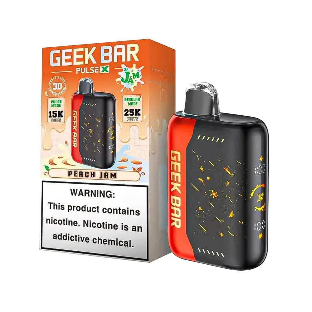 Geek Bar Pulse X 25K disposable vape with peach jam flavor, featuring dual modes and over 25,000 puffs, from vape shop wholesale.