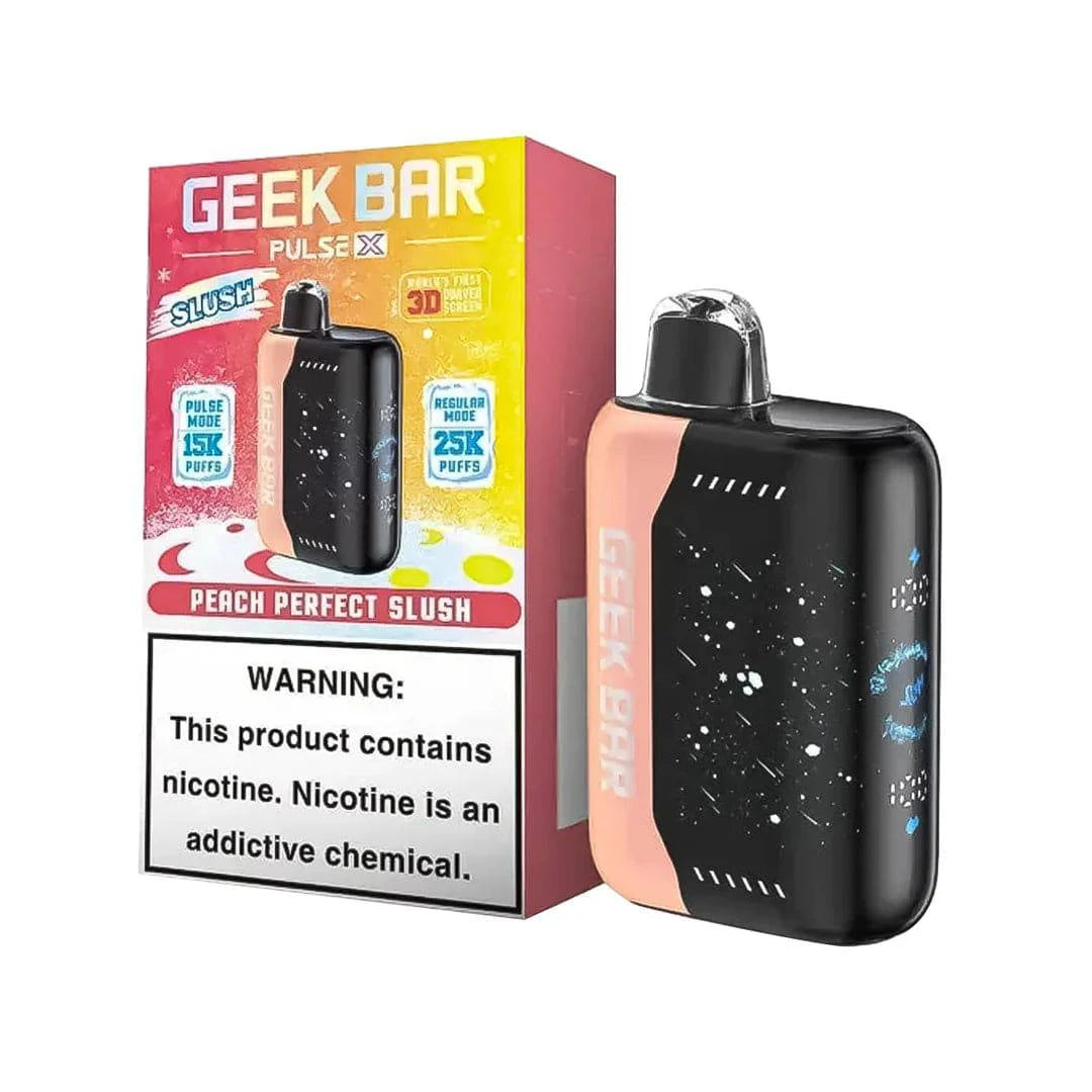 Geek Bar Pulse X 25K disposable vape with peach perfect slush flavor, featuring dual modes and over 25,000 puffs.