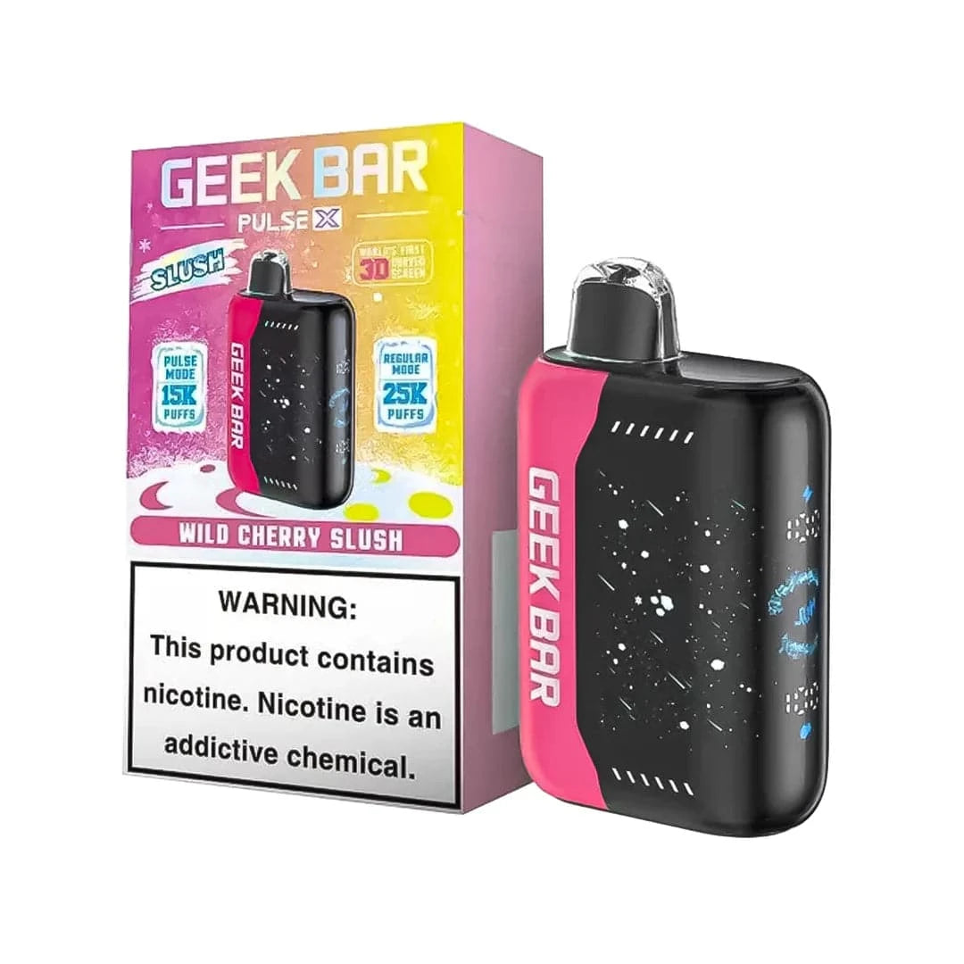 Geek Bar Pulse X 25K disposable vape in wild cherry slush flavor, featuring dual modes and over 25,000 puffs.
