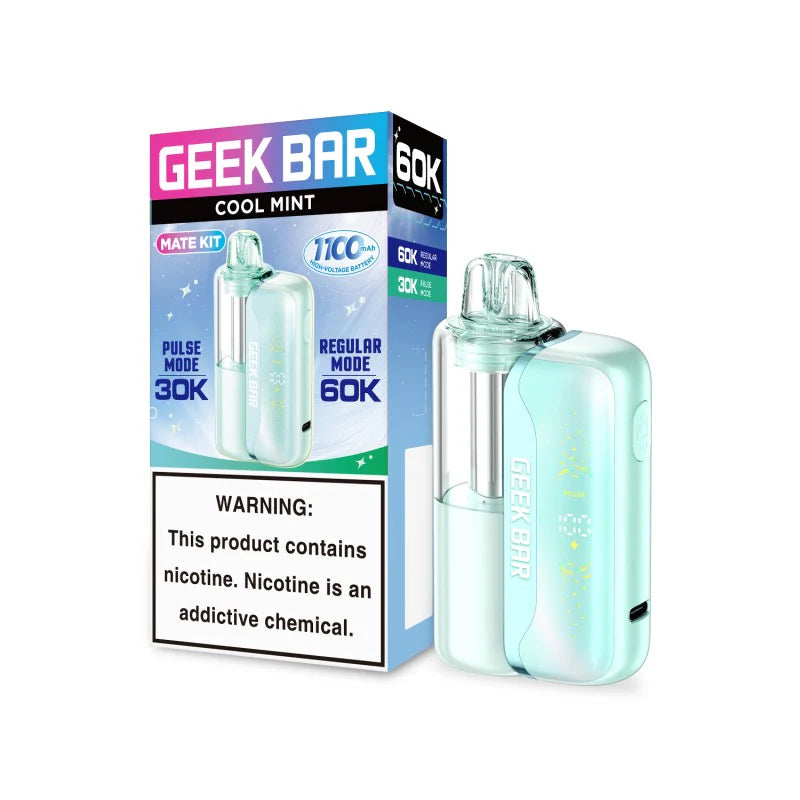 Geek Bar Mate 60K disposable vape kit in cool mint flavor with 50mg nicotine, featuring sleek design and compact size.