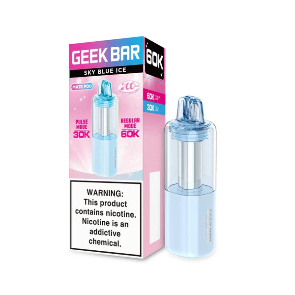 Sky blue Geek Bar Mate 60K replacement pod by Vape Shop Wholesale, featuring sleek design and 50mg nicotine strength.