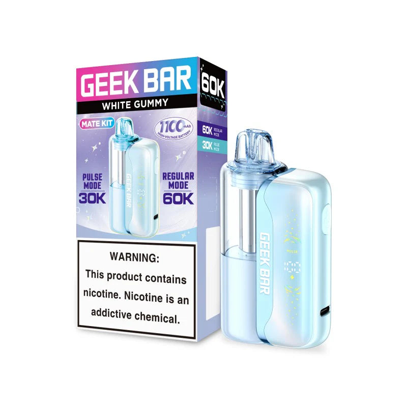 Geek Bar Mate 60K disposable vape kit with white gummy flavor, 50mg nicotine, featuring sleek design and compact size.