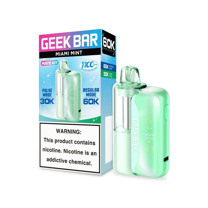 Disposable vape Geek Bar Mate 60K Kit in Miami Mint flavor with 50mg nicotine, shown in the image.