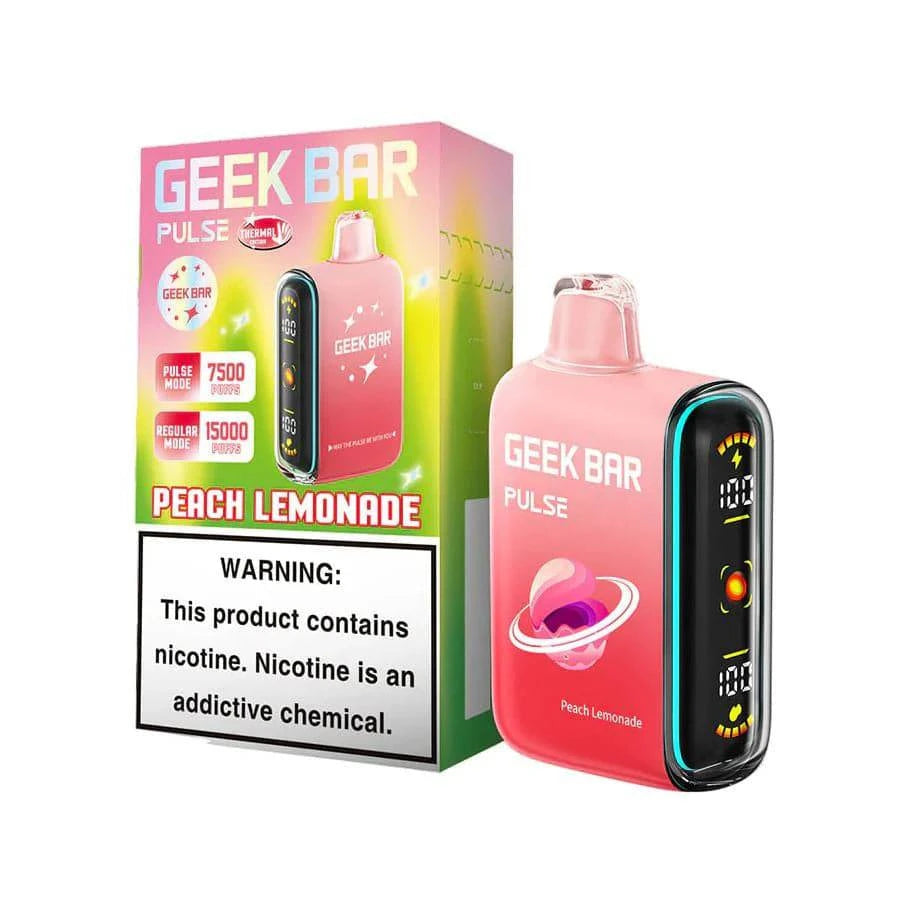 Peach Lemonade Geek Bar Pulse 15000 disposable vape device with colorful design and flavor illustration.