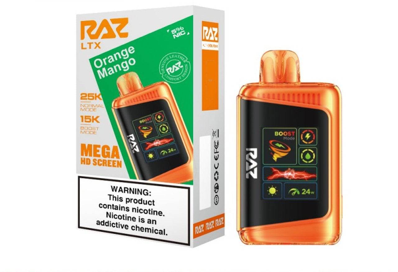 RAZ LTX 25000 disposable vape in orange mango flavor with sleek design and large 25,000 puff capacity, from vape shop wholesale.