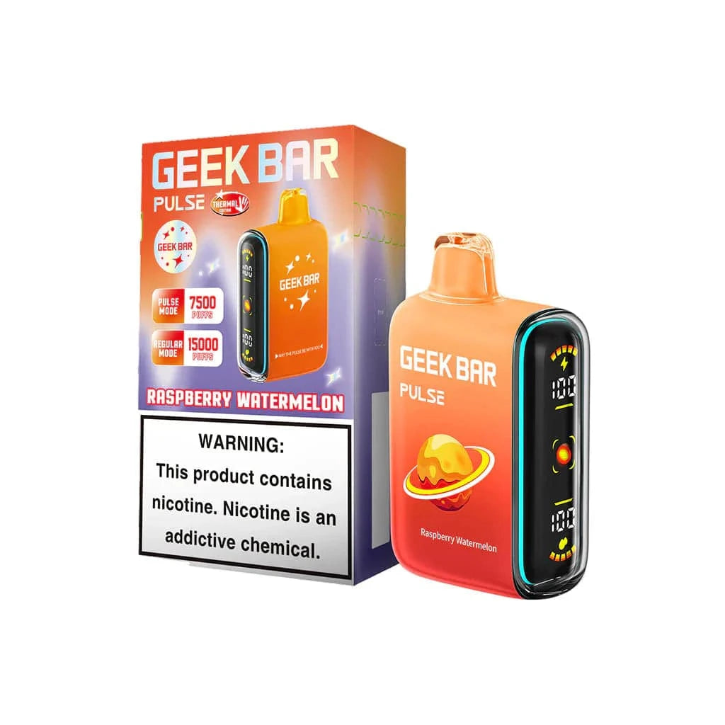 Raspberry and watermelon flavored Geek Bar Pulse 15000 disposable vape device from Vape Shop Wholesale.