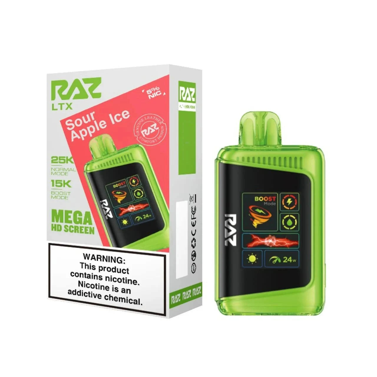 Disposable vape RAZ LTX 25000 with sour apple and ice flavor, featuring a sleek design and 25,000 puffs from vape shop wholesale.