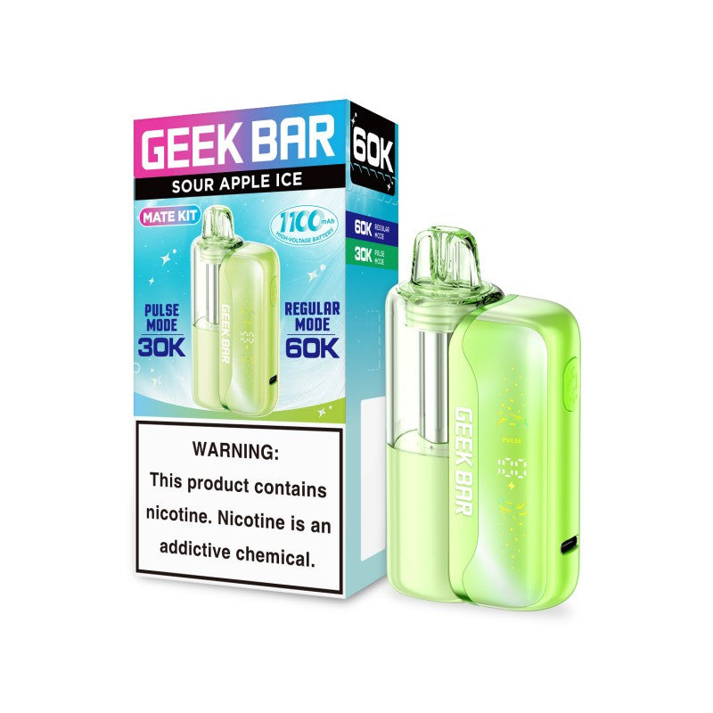 Disposable vape Geek Bar Mate 60K kit with sour apple ice flavor and 50mg nicotine, shown in the image.