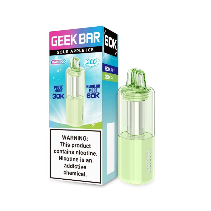 Geek Bar Mate 60K replacement pod with Sour Apple Ice flavor and 50mg nicotine, designed for vape devices.