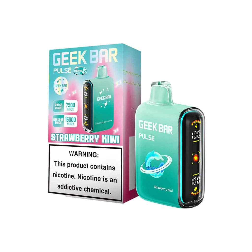 Strawberry and kiwi flavored Geek Bar Pulse 15000 disposable vape with colorful design and sleek shape.