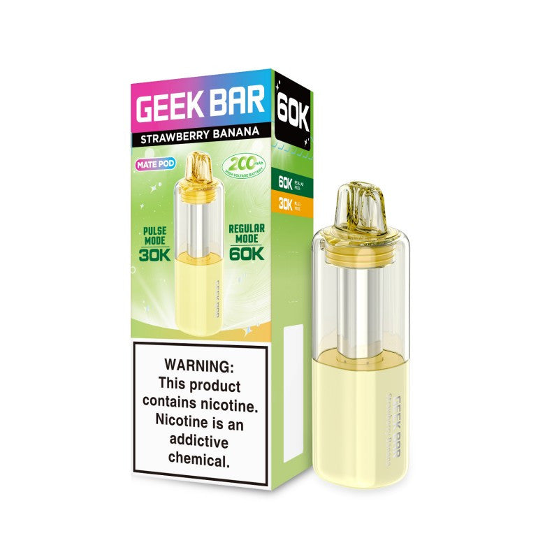 Strawberry Banana Geek Bar Mate 60K replacement pod for vape devices, featuring 50mg nicotine salt e-liquid.