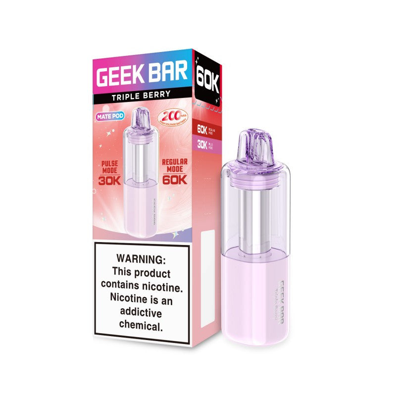 Geek Bar Mate 60K replacement pod with triple berry flavor, 50mg nicotine salt, for use with Geek Bar Mate devices.