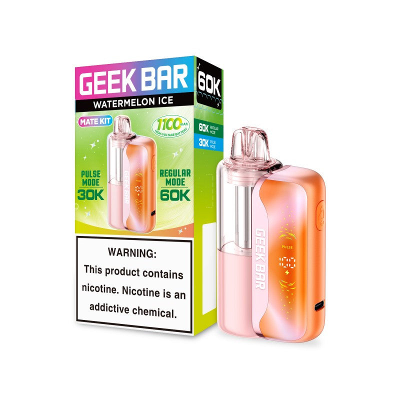 Watermelon Ice Geek Bar Mate 60K disposable vape with 50mg nicotine, featuring a sleek design and vibrant watermelon and ice flavor.