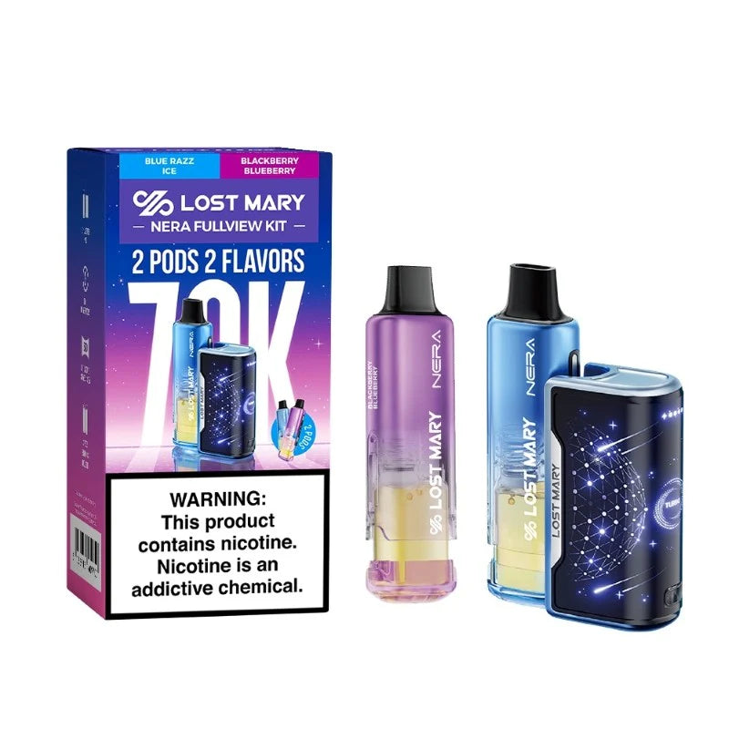 Lost Mary Nera Fullview 70K vape kit with blue razz, blackberry, and blueberry flavors in a sleek black design.