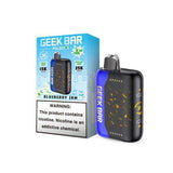 Blueberry jam flavored Geek Bar Pulse X 25K disposable vape with dual modes, featuring vibrant blue and purple design.