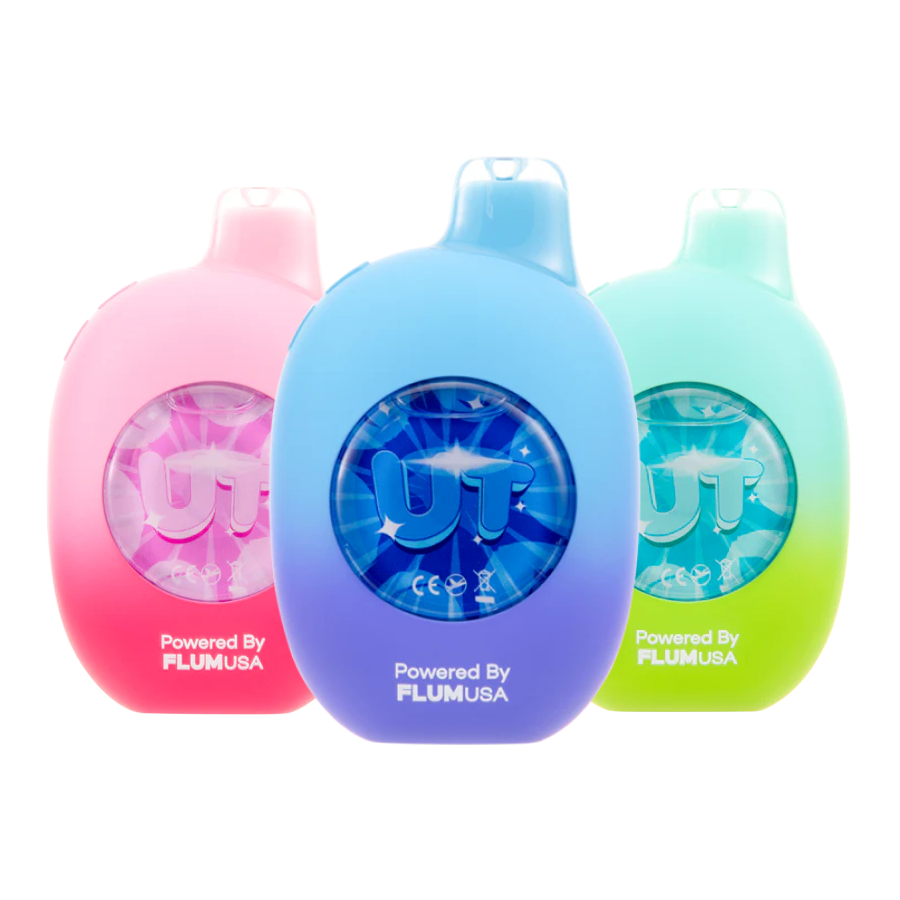 Flum UT Bar 50K disposable vape in aloe grape and aloe watermelon flavors, showcasing the sleek design and colorful packaging.