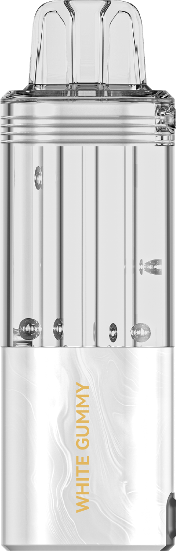 Foger Switch Pro 30K vaping pods in white with gummy and orange slush refill flavors, side view of the vape pods.