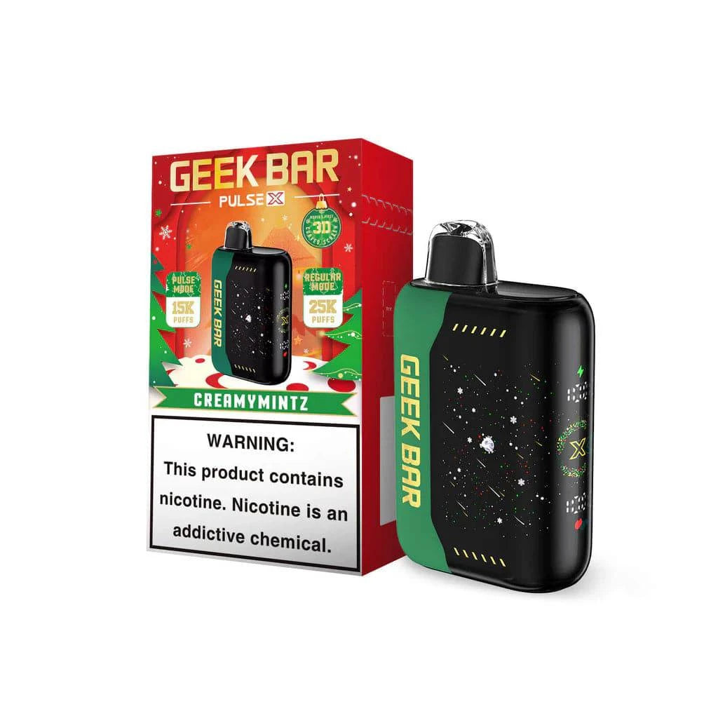 Geek Bar Pulse X 25K disposable vape with Christmas-themed creamy mint flavor, featuring dual modes and over 25,000 puffs.