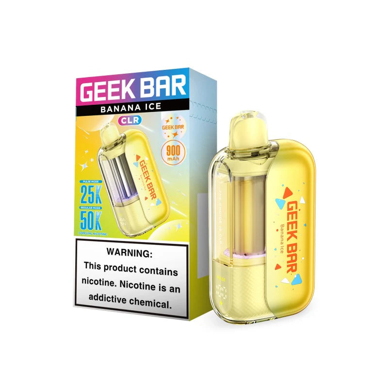 Geek Bar CLR 50,000 Puff disposable vape with banana ice flavor, showing the sleek device with vibrant packaging.