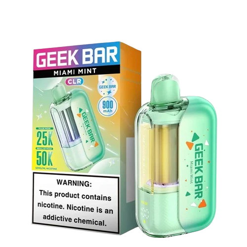 Geek Bar CLR 50,000 Puff disposable vape in Miami Mint flavor, compact device with colorful branding and mint flavor details.
