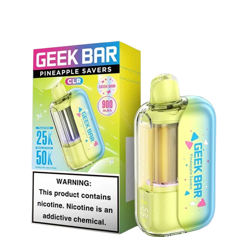 Geek Bar CLR 50,000 Puff disposable vape in pineapple flavor, featuring compact design and colorful branding.