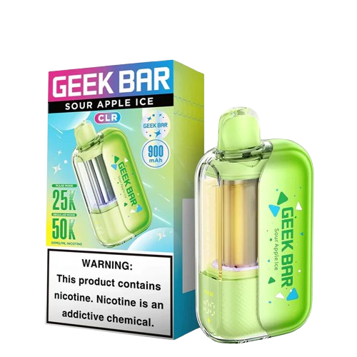 Geek Bar CLR 50,000 Puff sour apple ice disposable vape by Vape Shop Wholesale, showing the sleek device with colorful branding.