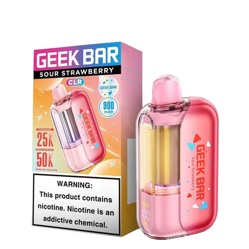 Geek Bar CLR 50K Sour Strawberry disposable vape from Vape Shop Wholesale showing a sleek, portable device with colorful branding.