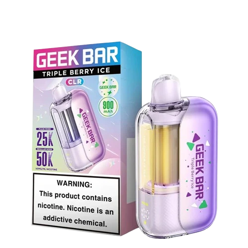 Geek Bar CLR 50,000 Puff disposable vape with triple berry ice flavor, featuring a sleek design and vibrant branding.