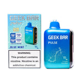 Geek Bar Pulse 15000 disposable vape in blue mint flavor, showing the sleek vape device with colorful branding and mint design.