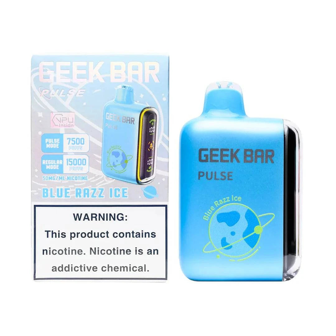 Geek Bar Pulse 15000 disposable vape in Blue Razz Ice flavor, showing the sleek blue device with branding and flavor details.