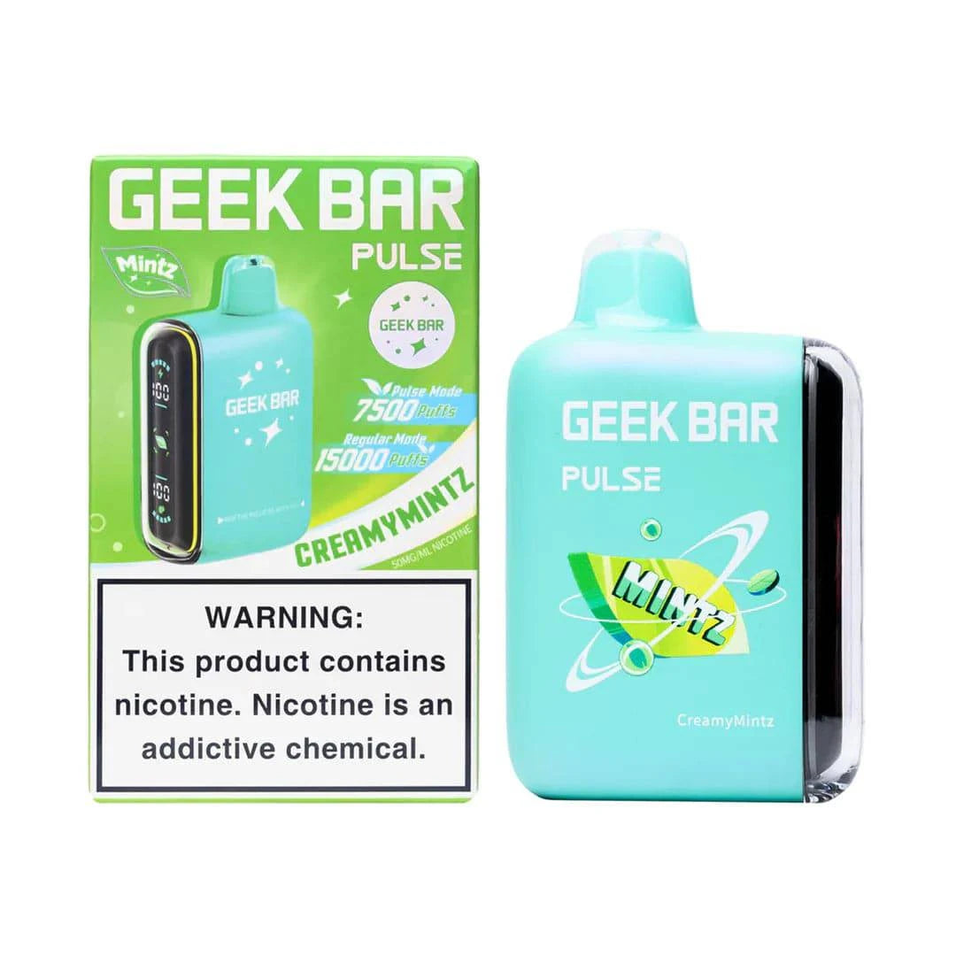 Geek Bar Pulse 15000 disposable vape with Creamy Mintz flavor, featuring sleek design and visible branding on the device.