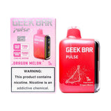 Geek Bar Pulse 15000 vape device with Dragon Melon flavor, showing sleek design and colorful packaging.
