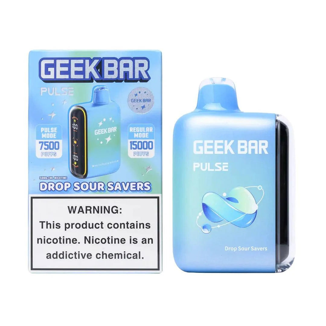 Geek Bar Pulse 15000 vape device with Drop Sour Savers flavor, featuring sleek design and colorful packaging.