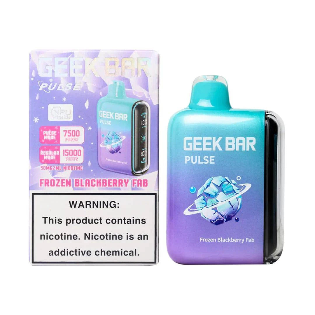 Geek Bar Pulse 15000 disposable vape in frozen blackberry flavor, featuring sleek black design and compact, portable shape.