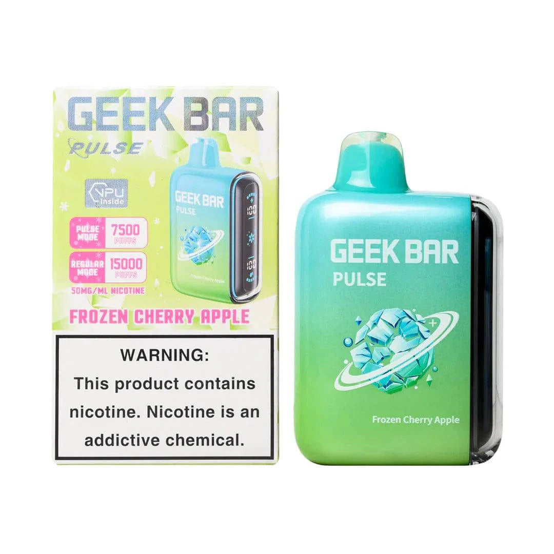 Geek Bar Pulse 15000 vape device featuring frozen cherry and apple flavor, with colorful design and sleek shape.