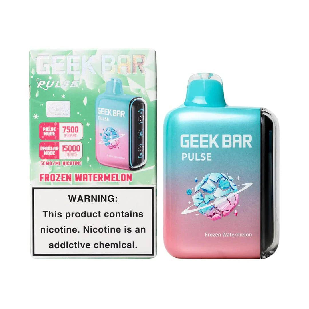 Geek Bar Pulse 15000 disposable vape with frozen watermelon flavor, showcasing the sleek device and vibrant design.