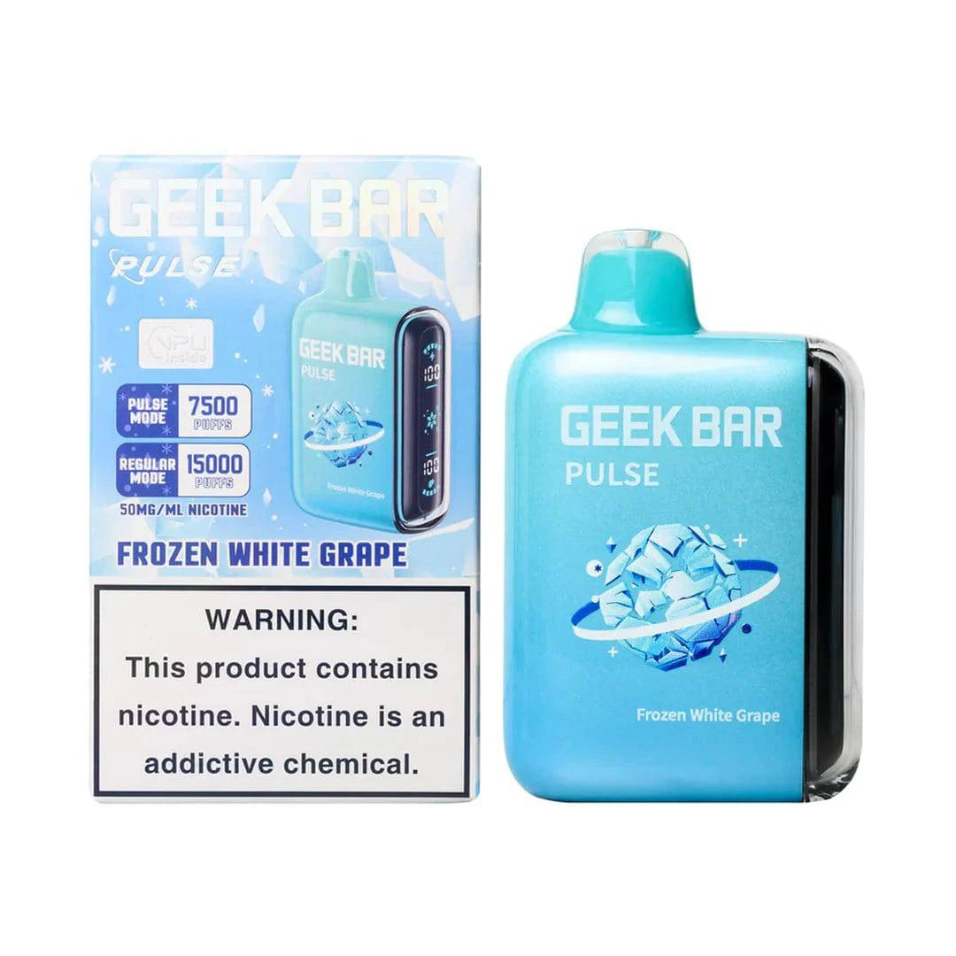 Geek Bar Pulse 15000 vape device in frozen white grape flavor, featuring sleek design and colorful branding.