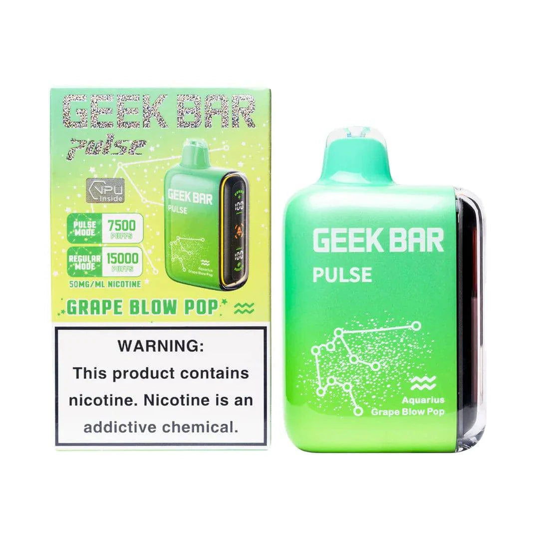 Geek Bar Pulse 15000 vape device with grape Blow Pop flavor, featuring a sleek design and vibrant purple color.
