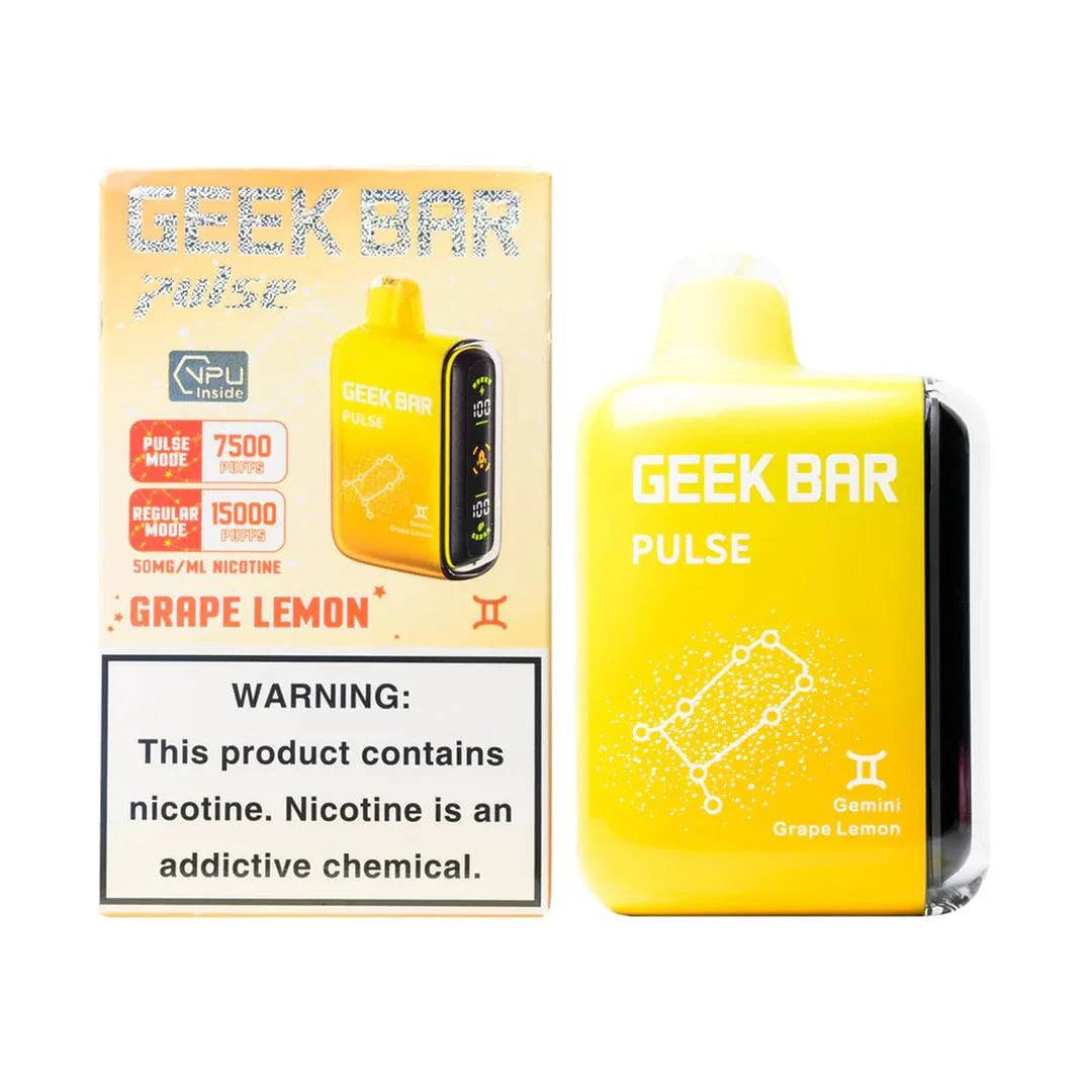Geek Bar Pulse 15000 vape device with grape lemon flavor, sleek design, and compact size for portable vaping enjoyment.