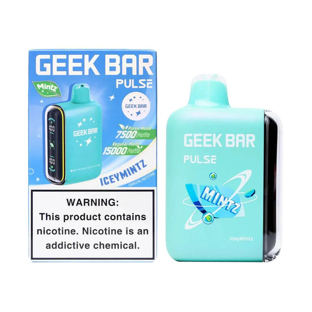 Geek Bar Pulse 15000 vape device in ice mint flavor, showcasing the sleek design and vibrant branding on a white background.