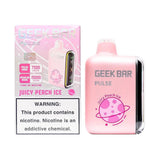 Geek Bar Pulse 15000 vape device in Juicy Peach Ice flavor, showcasing the sleek design and colorful packaging.