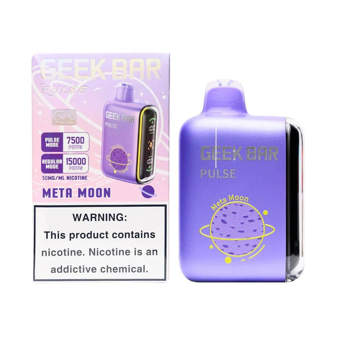 Geek Bar Pulse 15000 vape device with Meta Moon flavor, sleek design, and vibrant packaging.