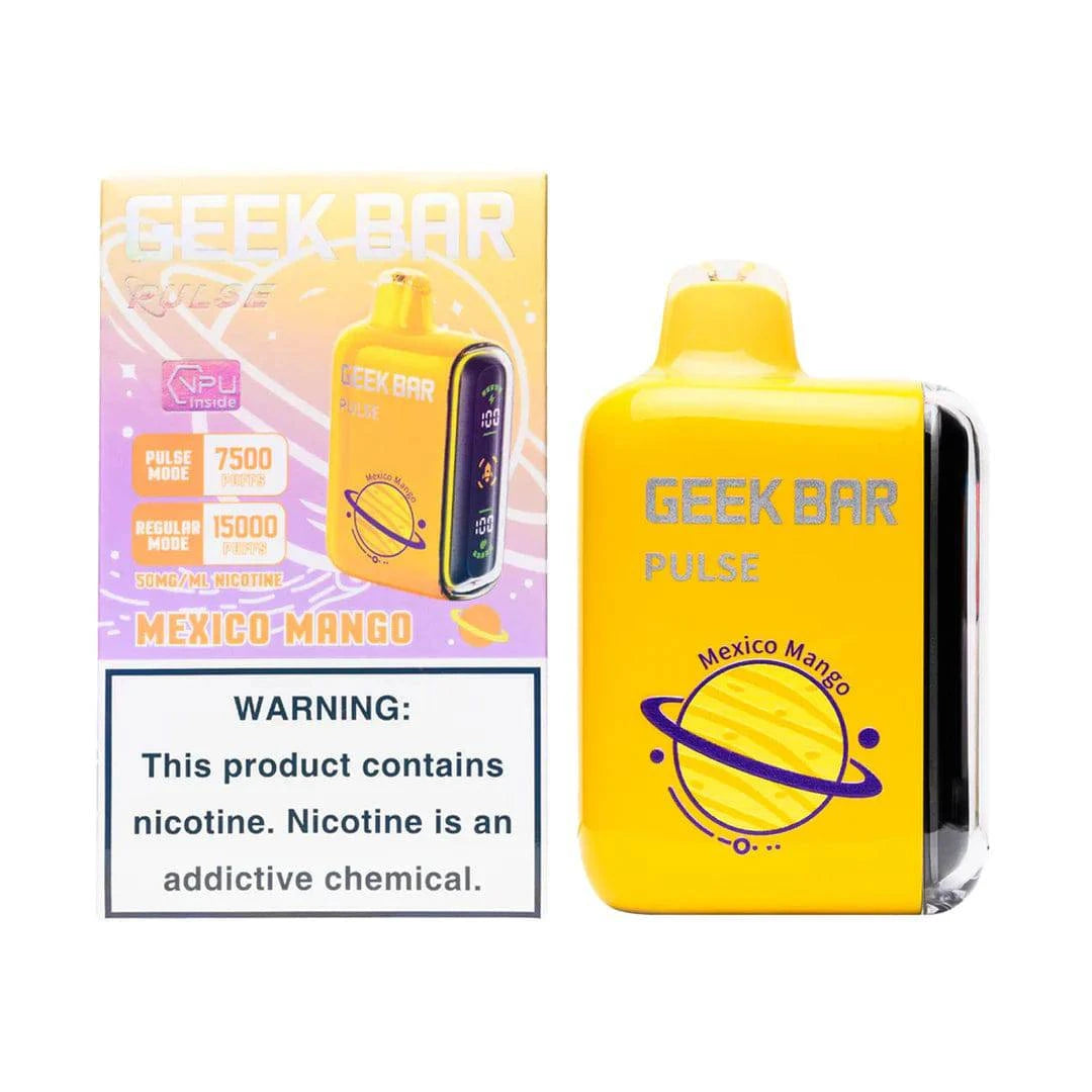 Geek Bar Pulse 15000 vape device with Mexico Mango flavor, featuring colorful packaging and sleek design.