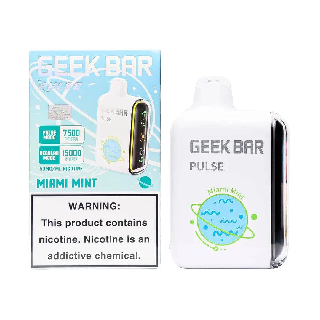 Geek Bar Pulse 15000 disposable vape with Miami Mint flavor, featuring sleek design and vibrant mint packaging.