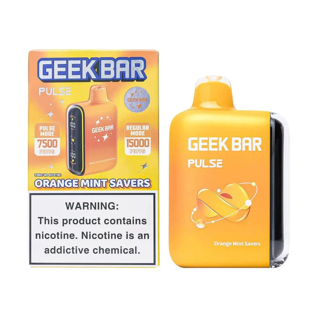 Geek Bar Pulse 15000 vape device in orange mint flavor, showcasing the sleek design and vibrant color of the disposable vape.
