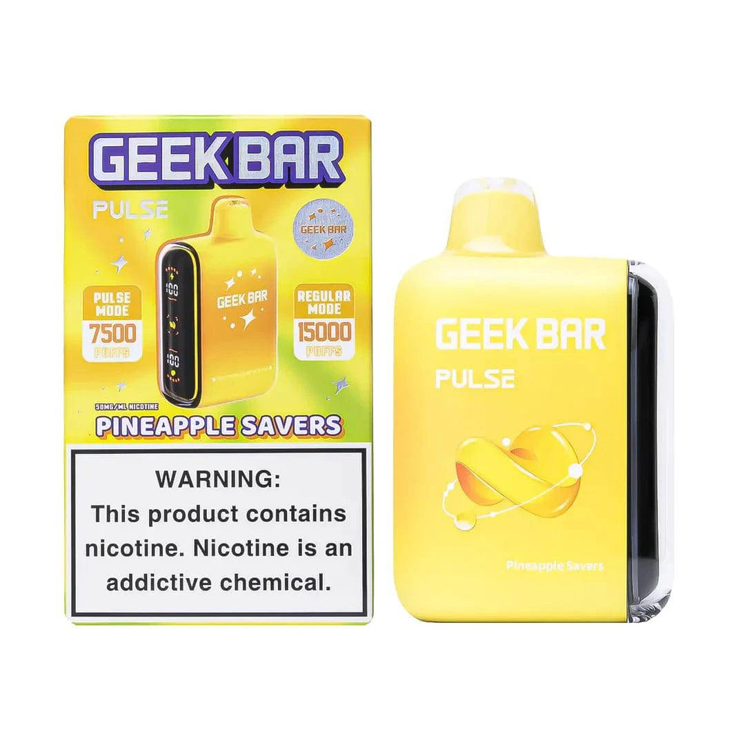 Geek Bar Pulse 15000 vape device featuring pineapple flavor with colorful packaging and sleek design.