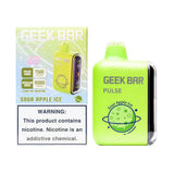 Geek Bar Pulse 15000 sour apple ice vape device showing the sleek, colorful design with sour apple flavor branding.