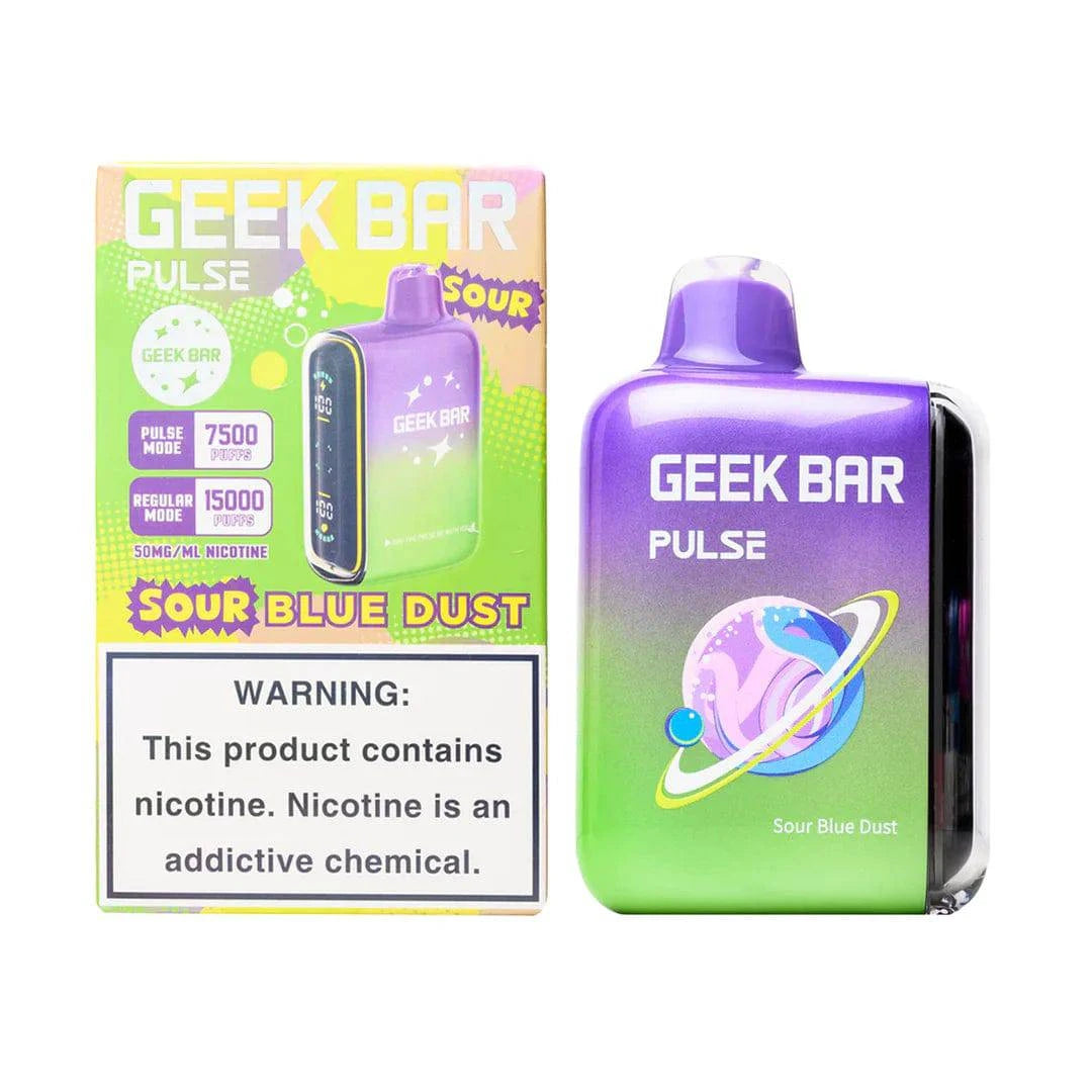 Geek Bar Pulse 15000 vape device with Sour Blue Dust flavor, showcasing the sleek design and vibrant blue packaging.